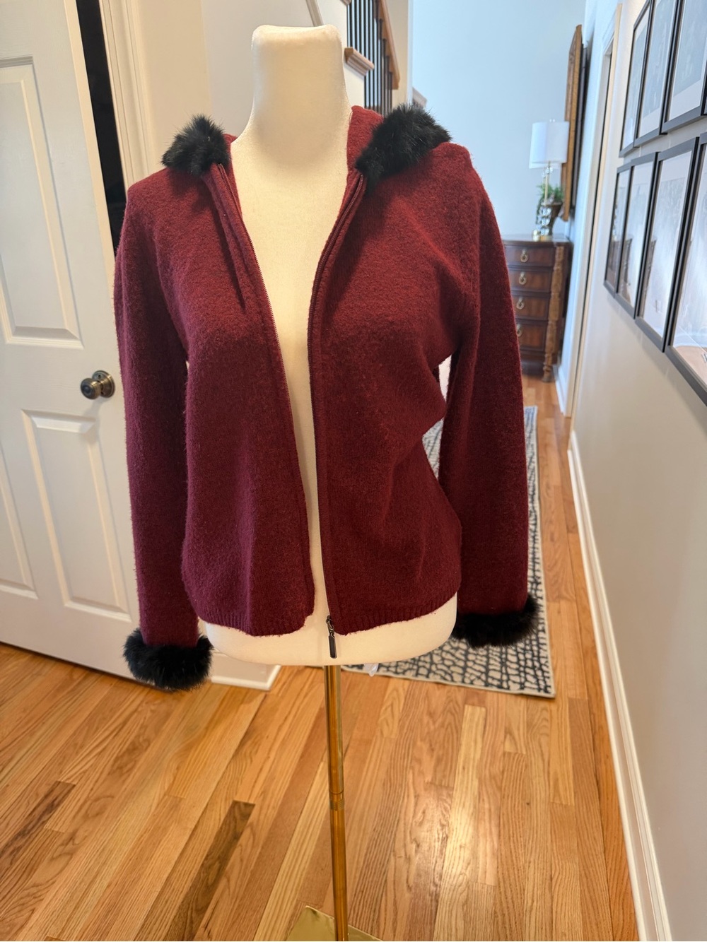 Carole Little Wine Zip-Up Teddy Jacket with Black Faux Fur Trim